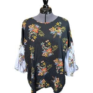 LOFT Floral Peasant Blouse L Puff Sleeve Boho Cotton Navy Multicolor Top